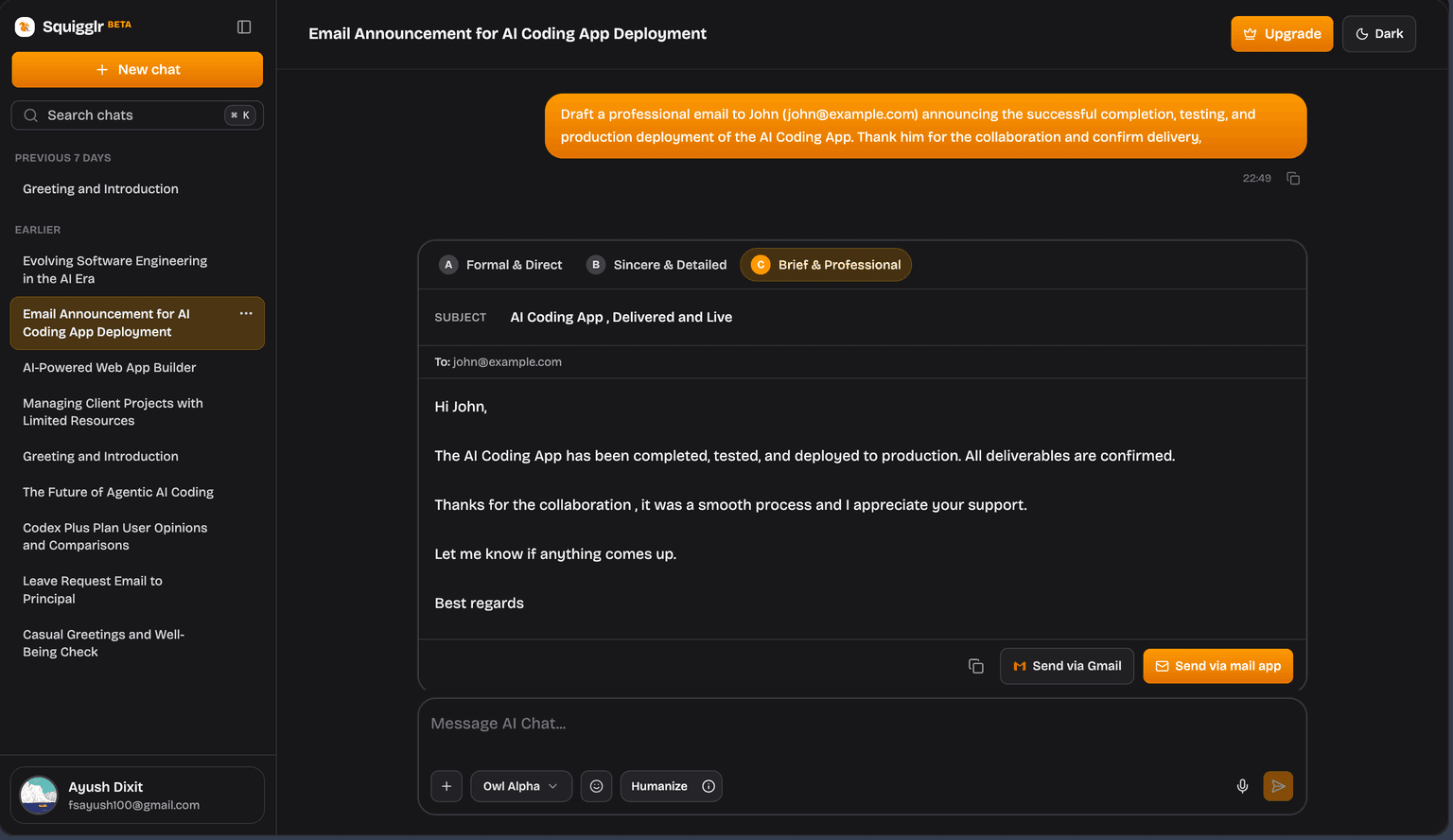 Squigglr chat interface